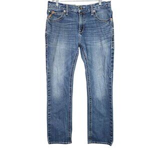 Mens Ariat Slim Fit Straight Leg Blue Denim Jeans Distressed Cotton Blend 34X34